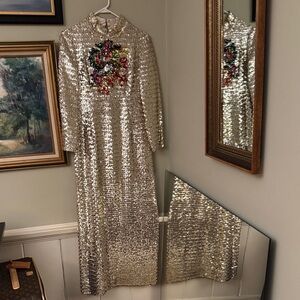Vintage Silver Dragon 🐉 Holiday Sequin Colorful Embellished Dress Gown S M US 6